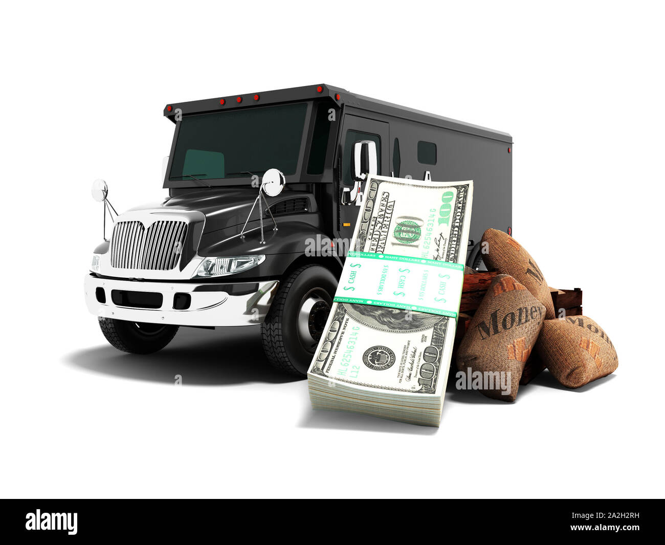 Modern concept of transporting money into a bank of black truck armored car front 3d rendering on white background with shadow Stock Photo