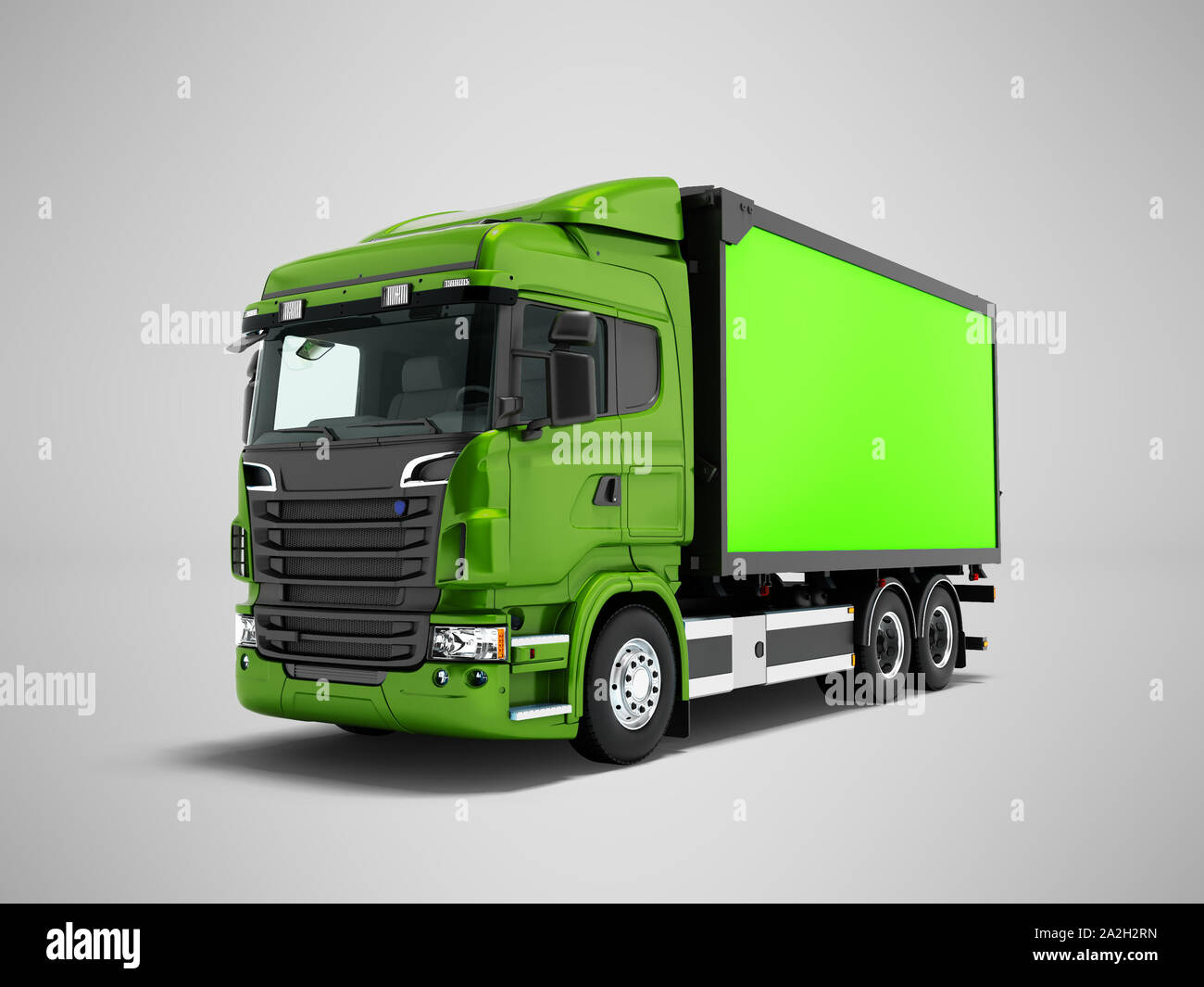 Modern lime green truck with green trailer to transport goods around
