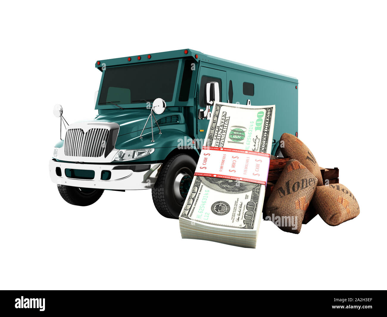 Modern concept of carrying money and stack of dollars in a bank of blue truck armored car front 3d render on white background no shadow Stock Photo