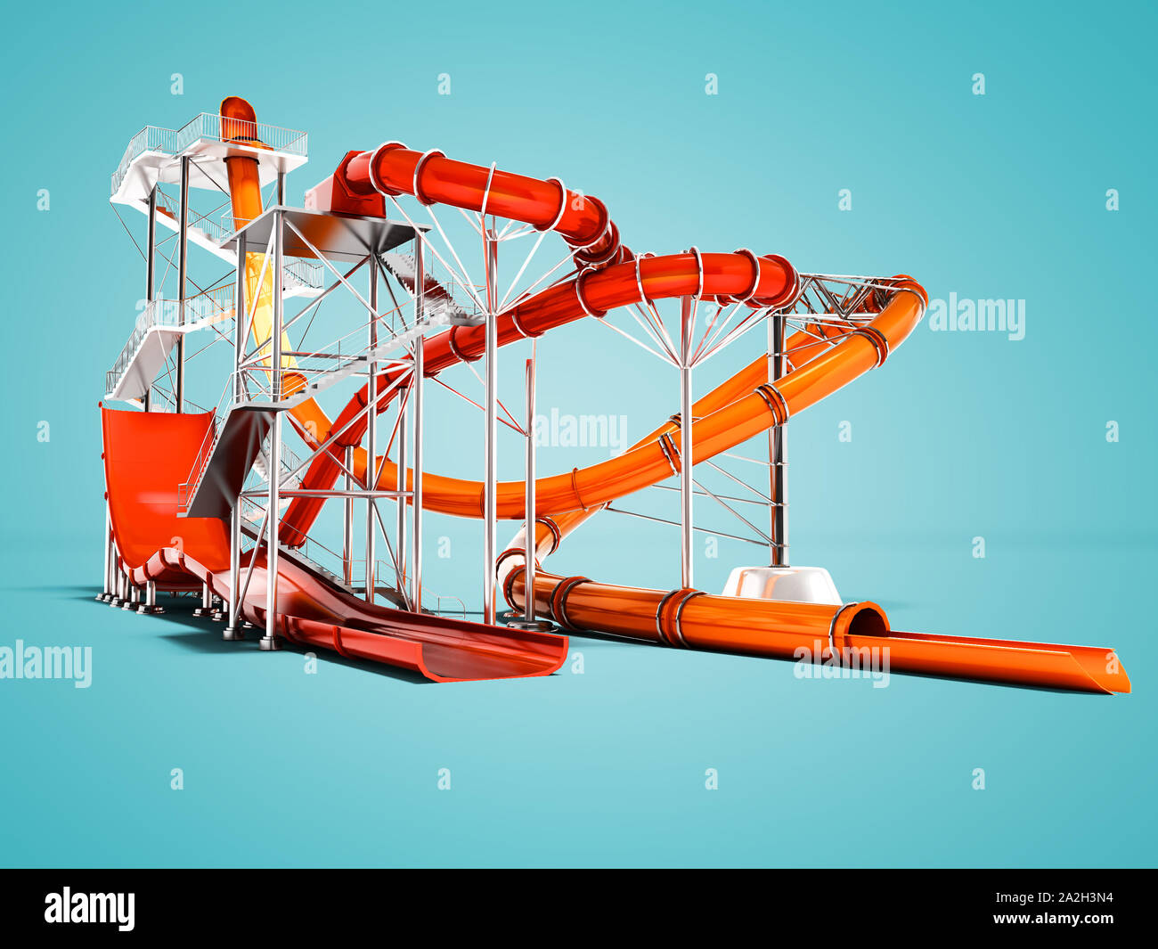 Modern red and orange water slides rides for water park 3d render on