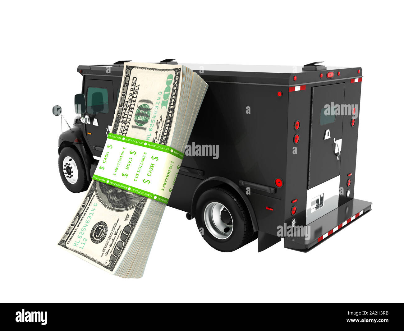 Modern transportation concept stack of dollars in black truck bank with an armored car closed laterally 3d render on white background no shadow Stock Photo