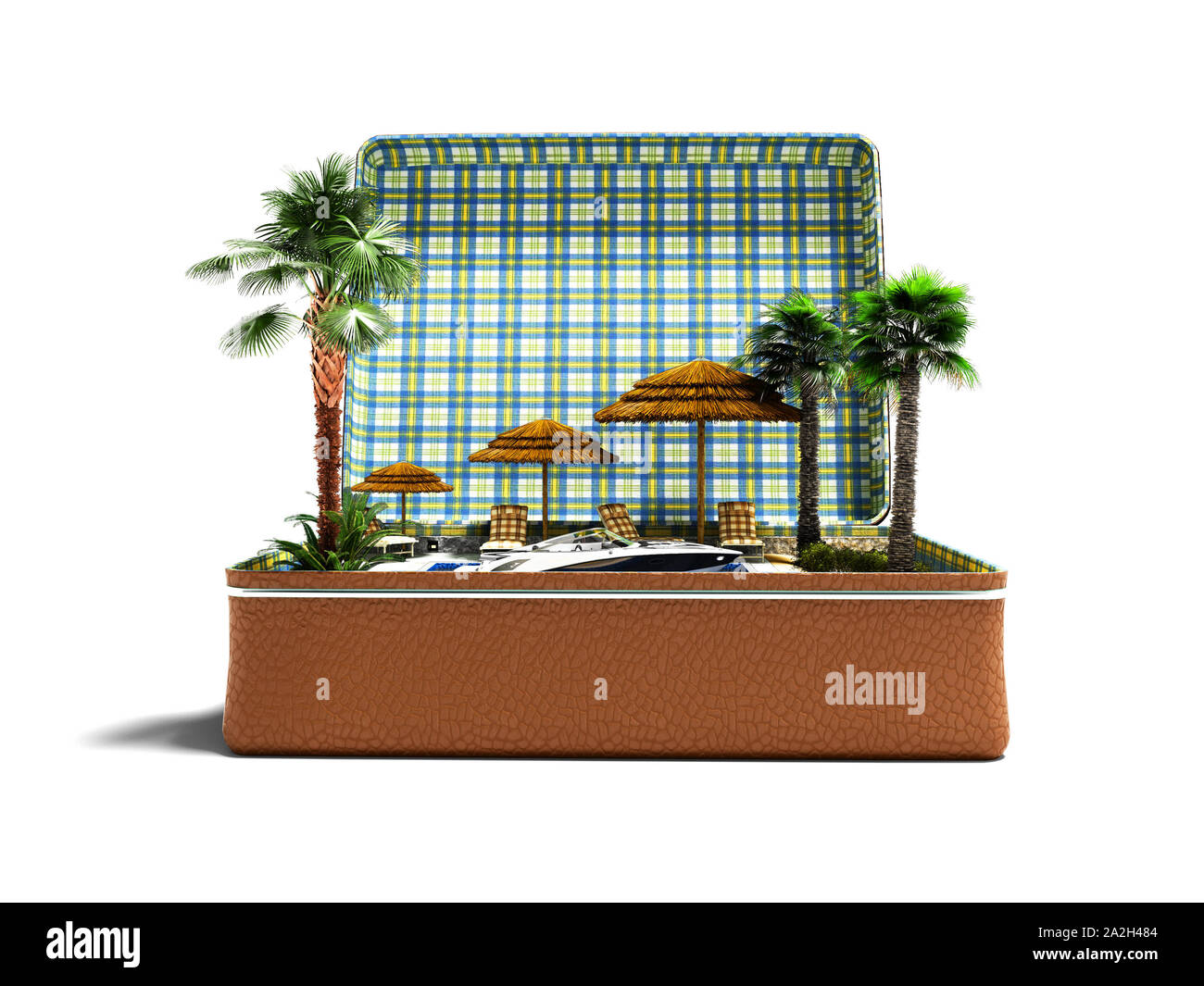 Concept travel in suitcase in the tropics with boat in front 3d render on white background with shadow Stock Photo