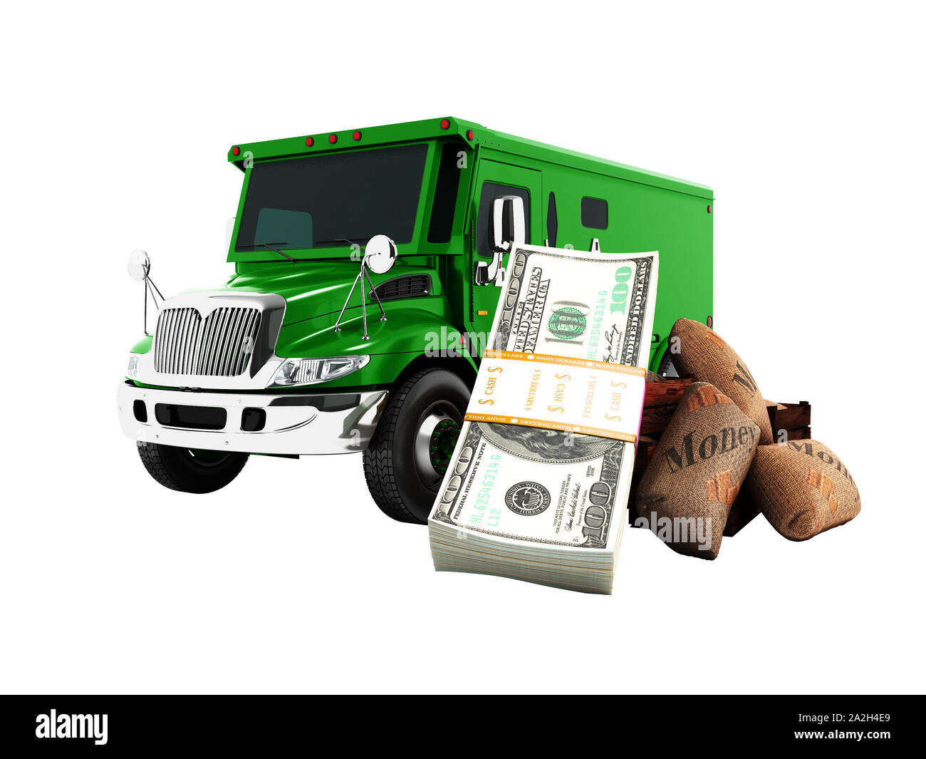 Modern concept of carrying money and stack of dollars in the bank green truck armored car front 3d rendering on white background no shadow Stock Photo