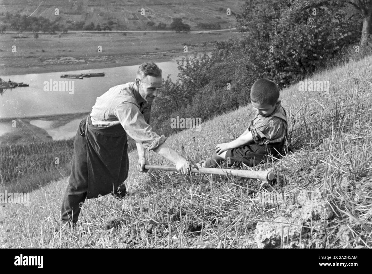 Moselbauer bei der Arbeit im Weinberg, Deutschland 1930er Jahre. Winegrower at work in the vineyard, Germany 1930s. Stock Photo