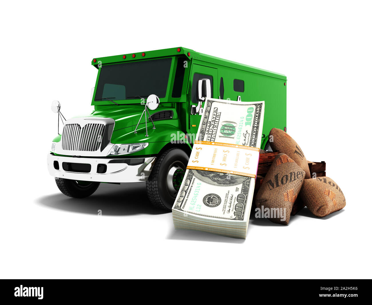 Modern concept of carrying money and stack of dollars in the bank green truck armored car front 3d rendering on white background with shadow Stock Photo