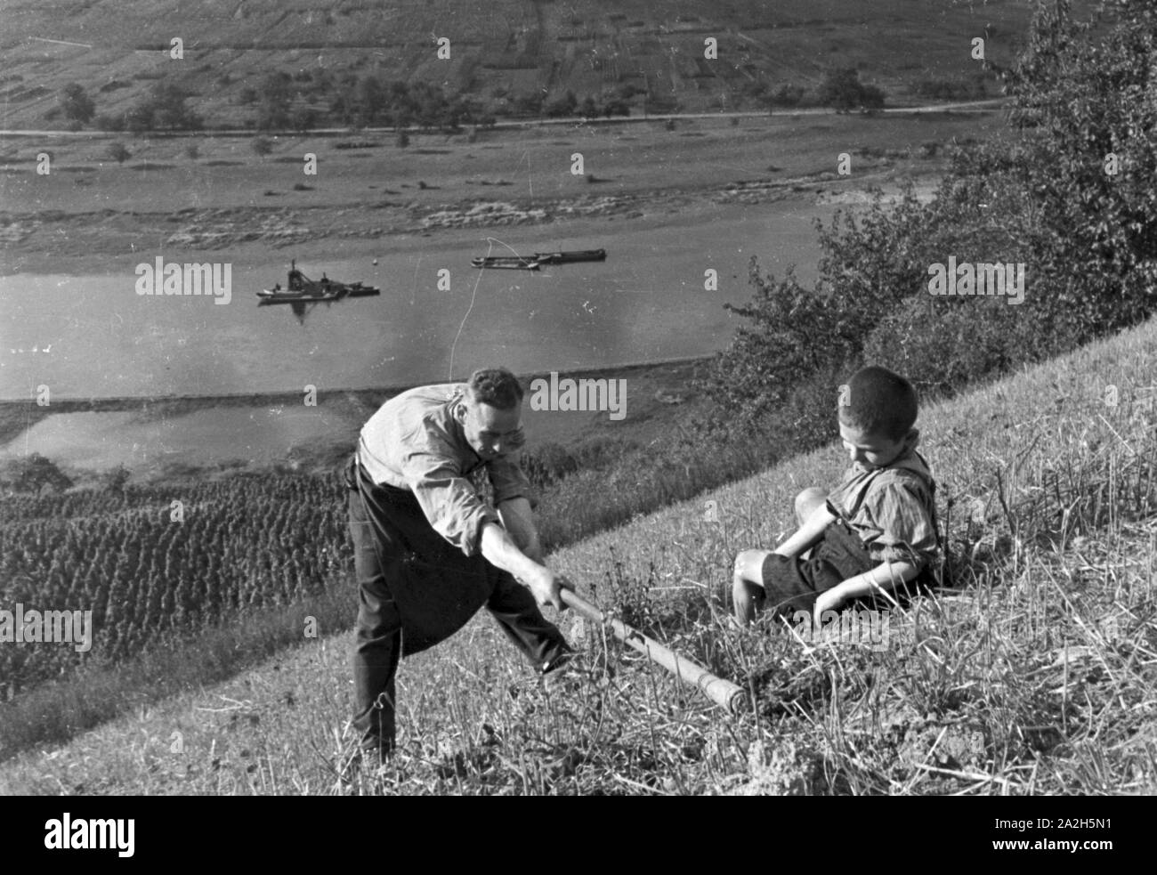 Moselbauer bei der Arbeit im Weinberg, Deutschland 1930er Jahre. Winegrower at work in the vineyard, Germany 1930s. Stock Photo