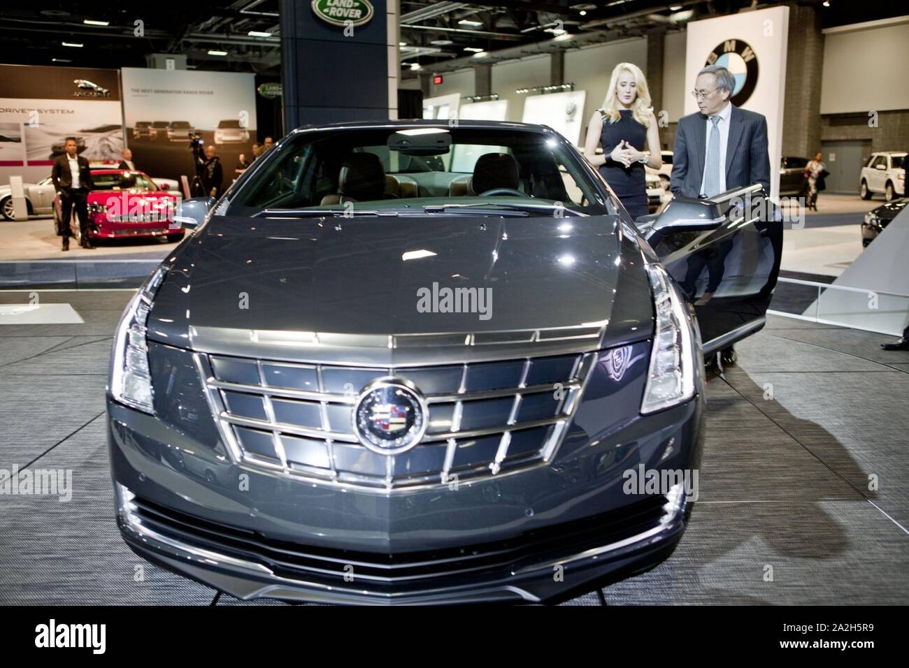 Energy Secretary Steven Chu discusses the features of the 2014 Cadillac ELR. Stock Photo
