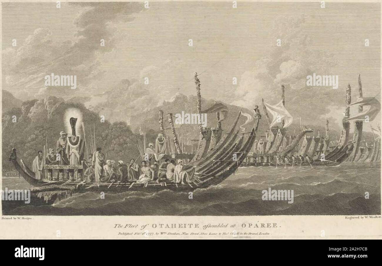 Engraving of 'The Fleet of Otaheite Assembled at Oparee'. Stock Photo