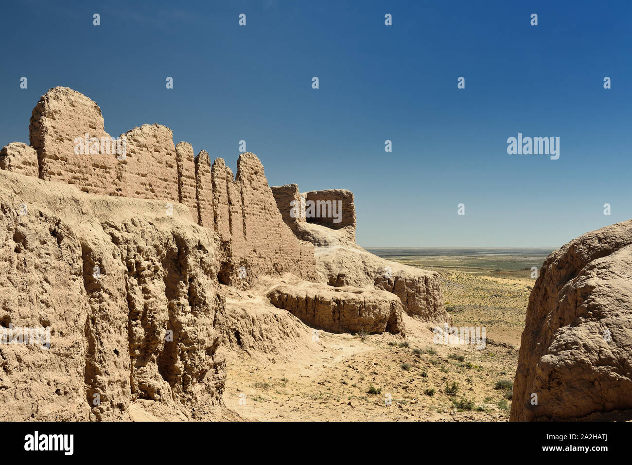The largest ruins castles of ancient Khorezm – Ayaz - Kala, II century AD – a heyday of the Kushan Empire, Uzbekistan. Stock Photo