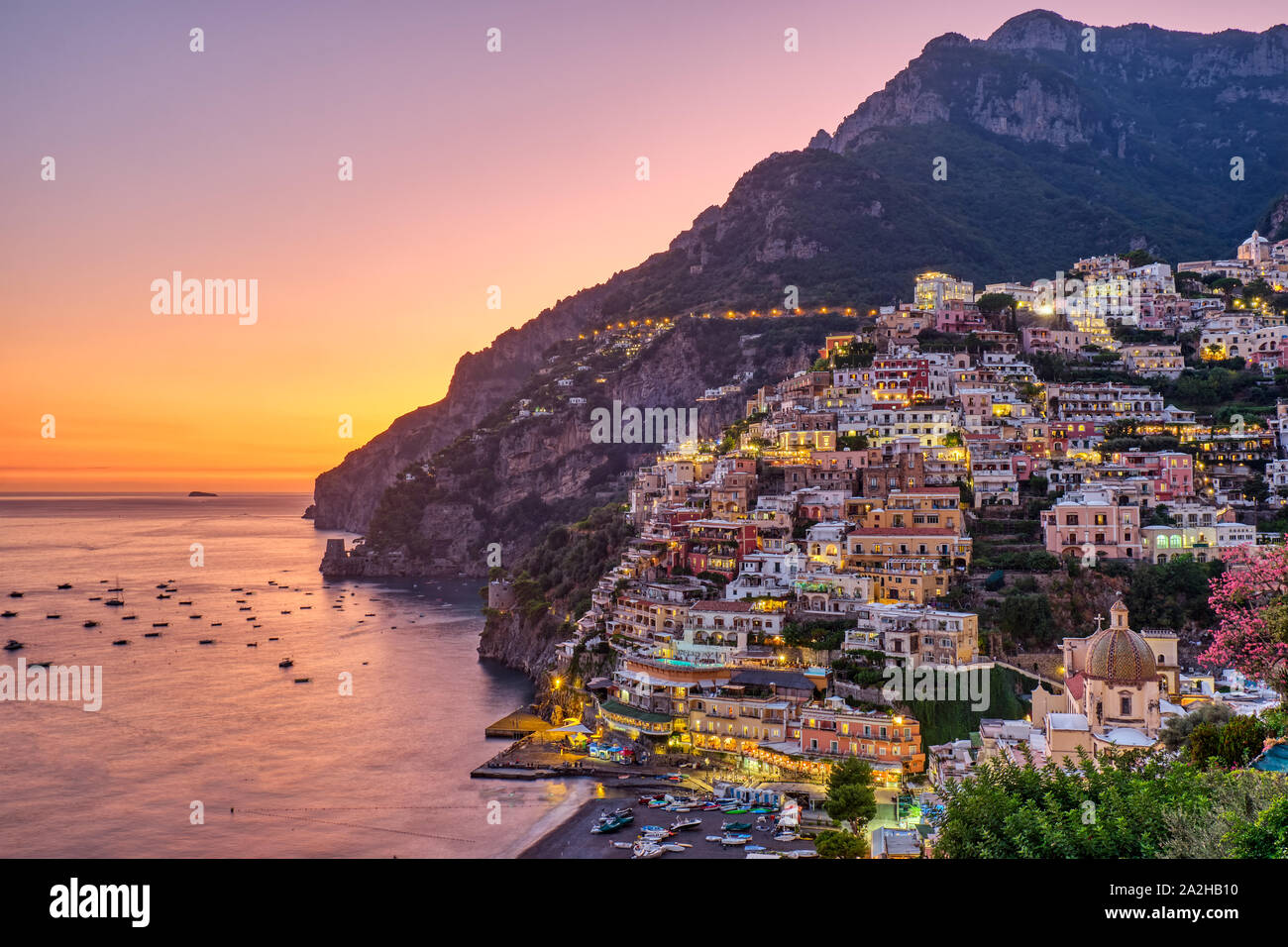 View of Positano on the italian Amalfi coast after sunset Stock Photo
