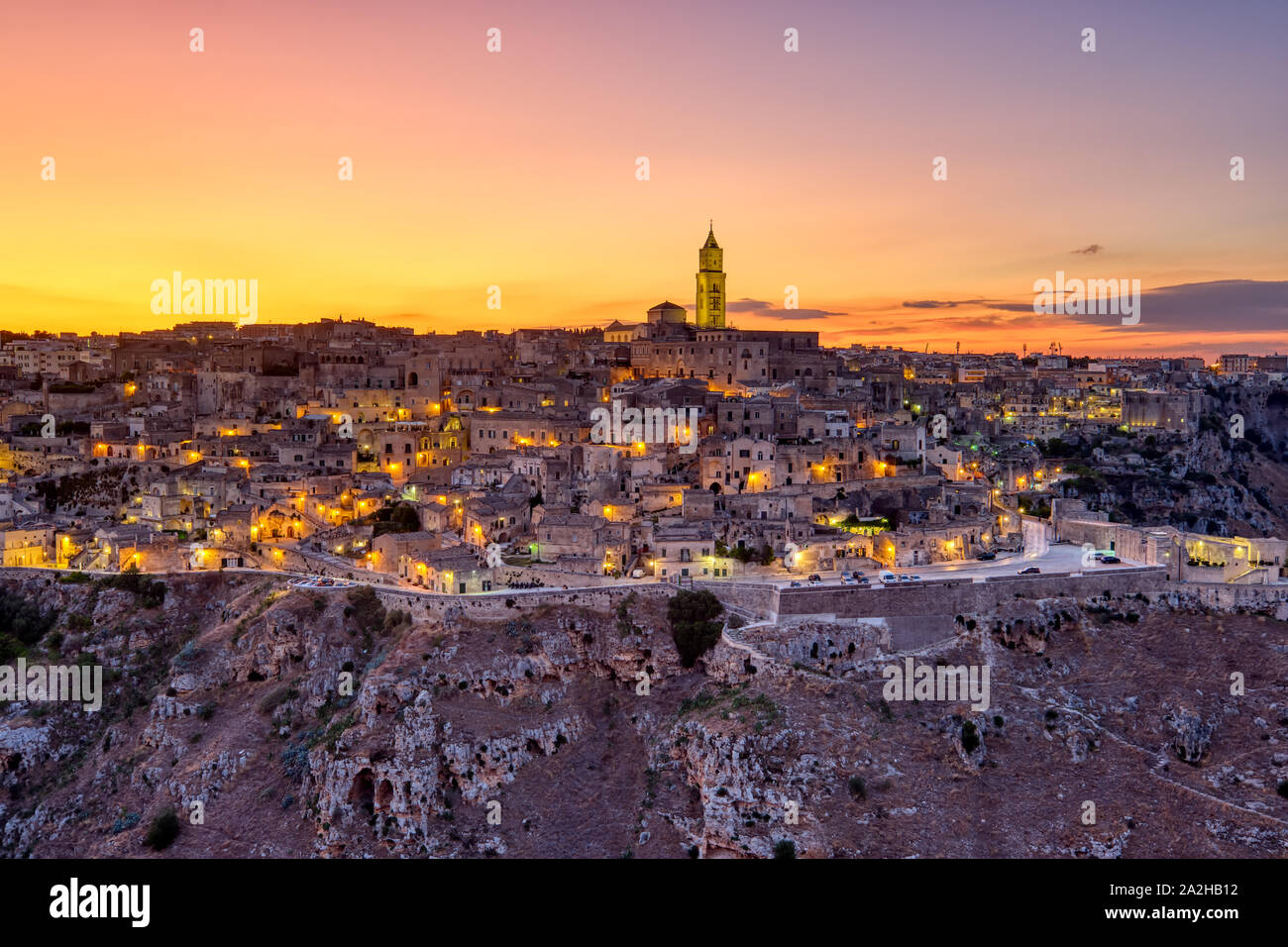 View of the beautiful old town of Matera in southern Italy after sunset Stock Photo