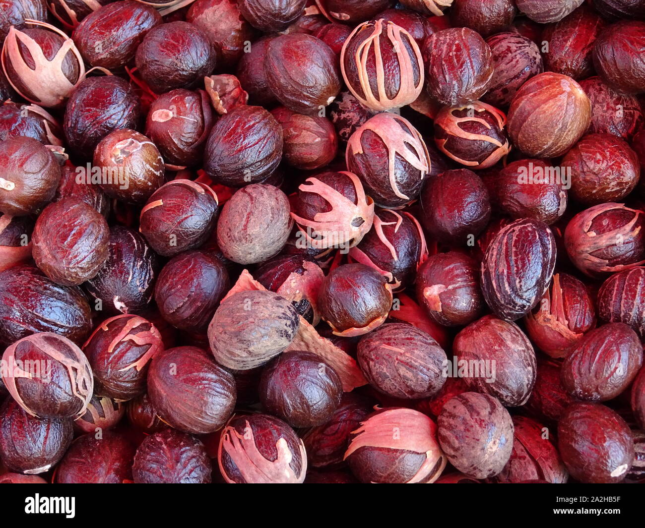exotic nuts on display at the outdoor market in La Réunion, France