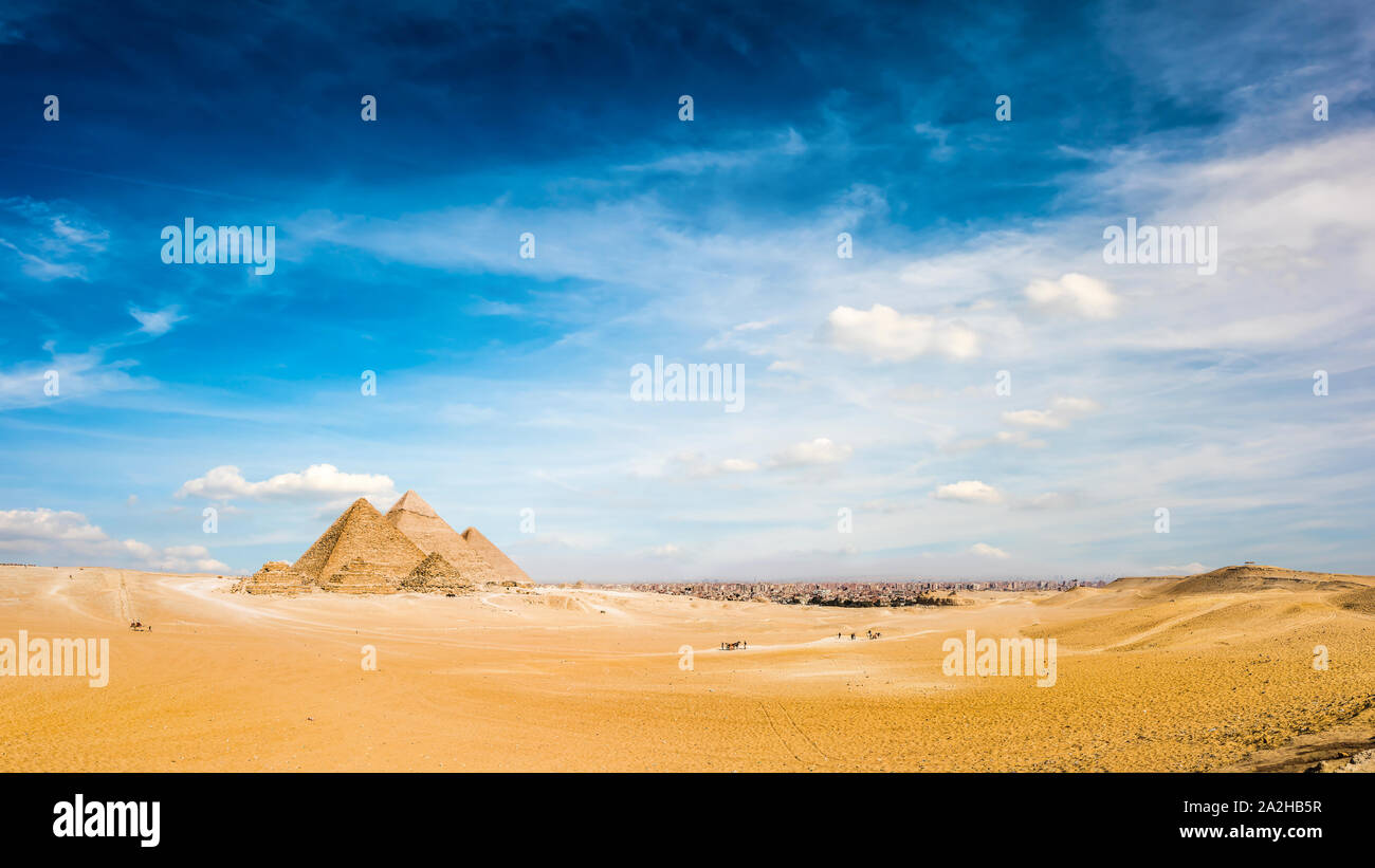 Panorama of the Great Pyramids of Giza, Egypt Stock Photo