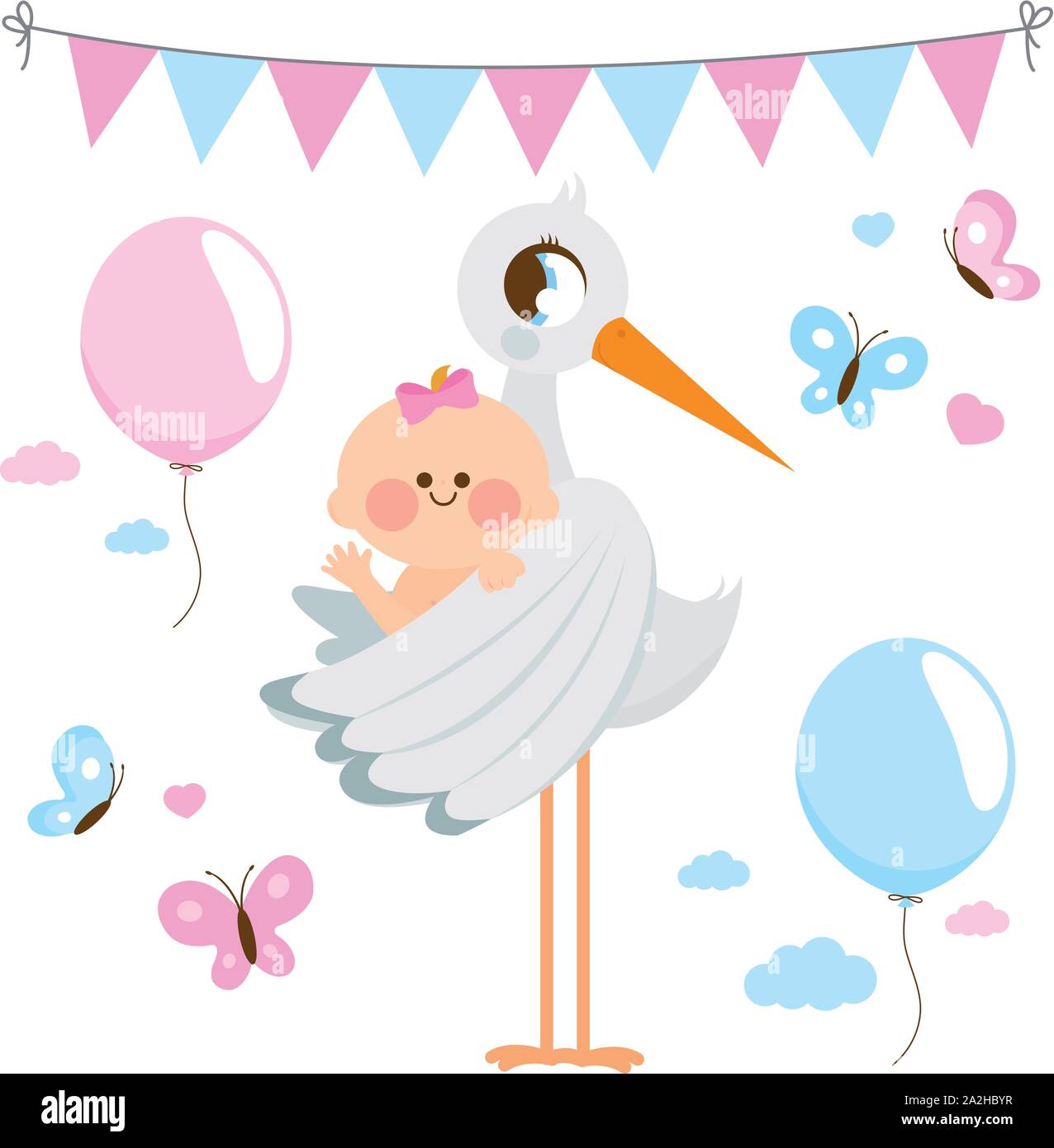 Stork delivering a new baby girl. Vector collection Stock Vector