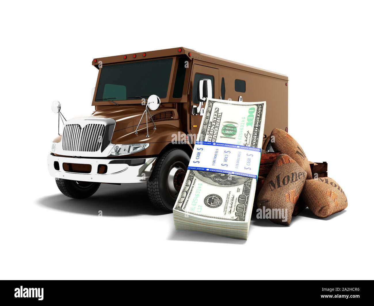 Modern concept of carrying money and stack of dolars in a bank brown truck armored car front 3d render on white background with shadow Stock Photo