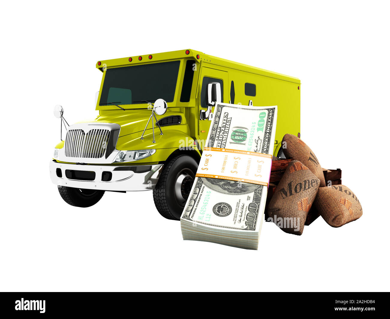 Modern money transport concept and stack of dolars in the bank yellow truck armored car front 3d rendering on white background no shadow Stock Photo