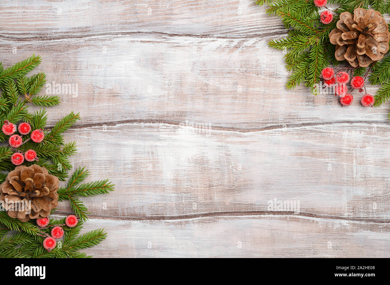 Christmas tree branches background, top view, flat lay, copy space. Stock Photo