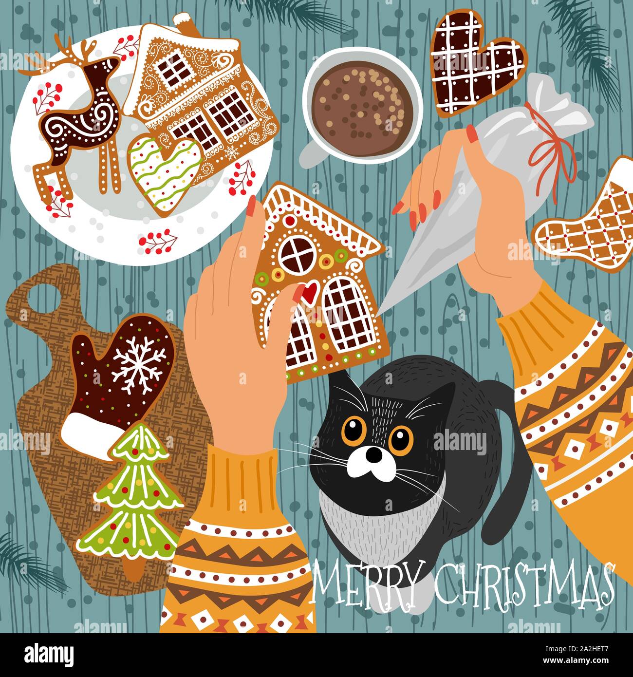 Preparing for Christmas and New Year. Cute vector illustration - gingerbread cookies scattered on the table, hands with a pastry bag decorate cookies Stock Vector