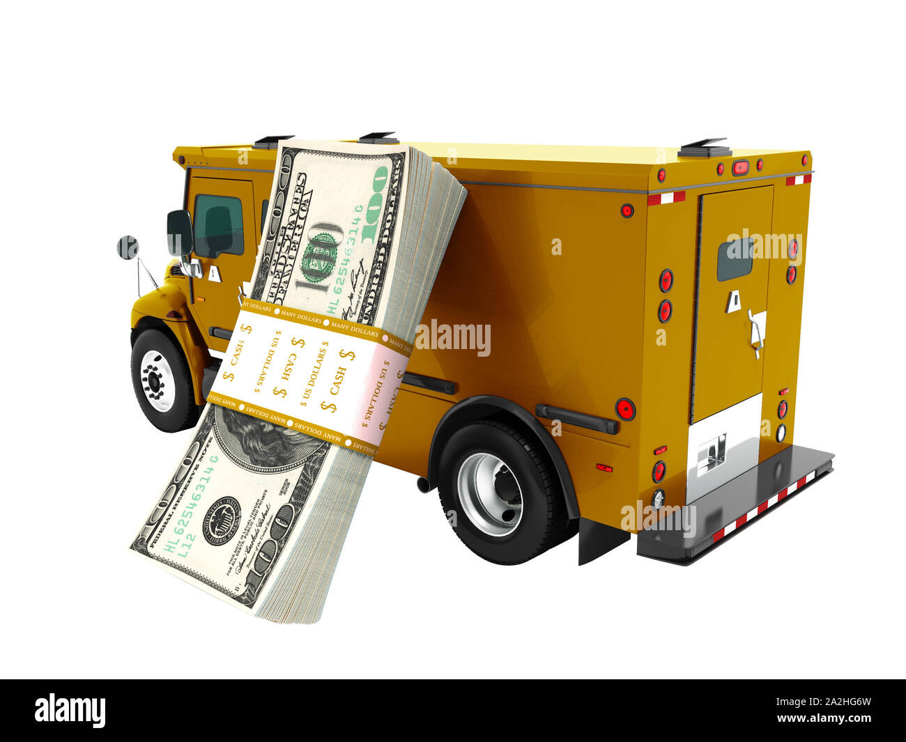 Modern transport concept stack of dollars in dark orange cargo bank with an armored car, side view 3d render on white background no shadow Stock Photo