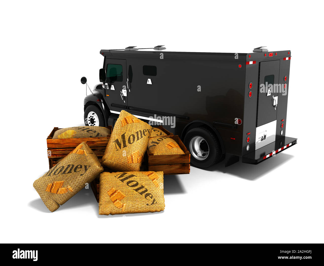 Modern armored black cargo van in boxes in the bank behind 3d render on white background with shadow Stock Photo