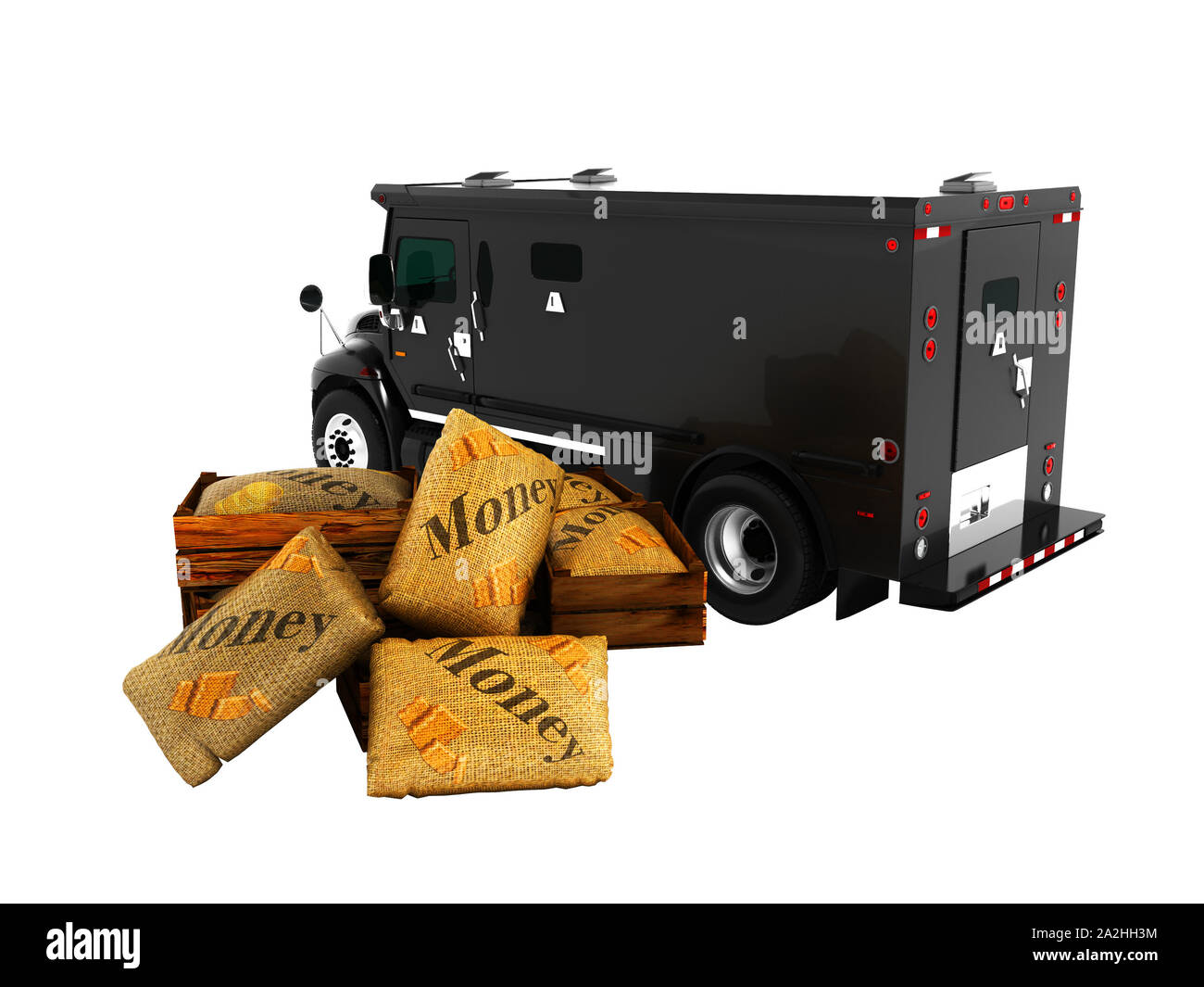 Modern armored black cargo van in boxes in the bank behind 3d render on white background no shadow Stock Photo