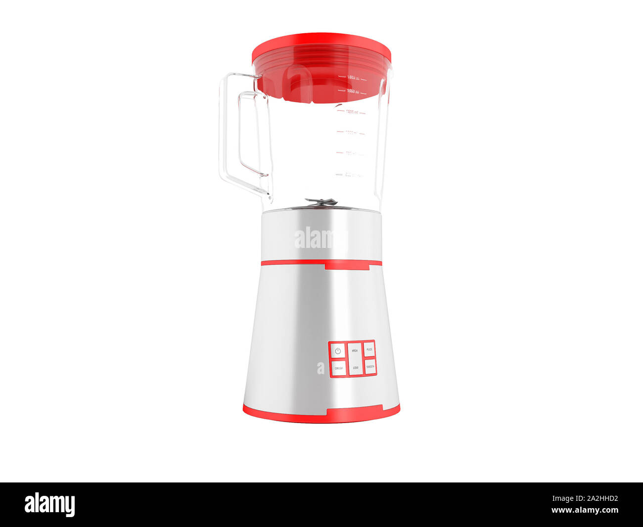 Modern red blender with glass bowl in metal case on the right 3d render ...