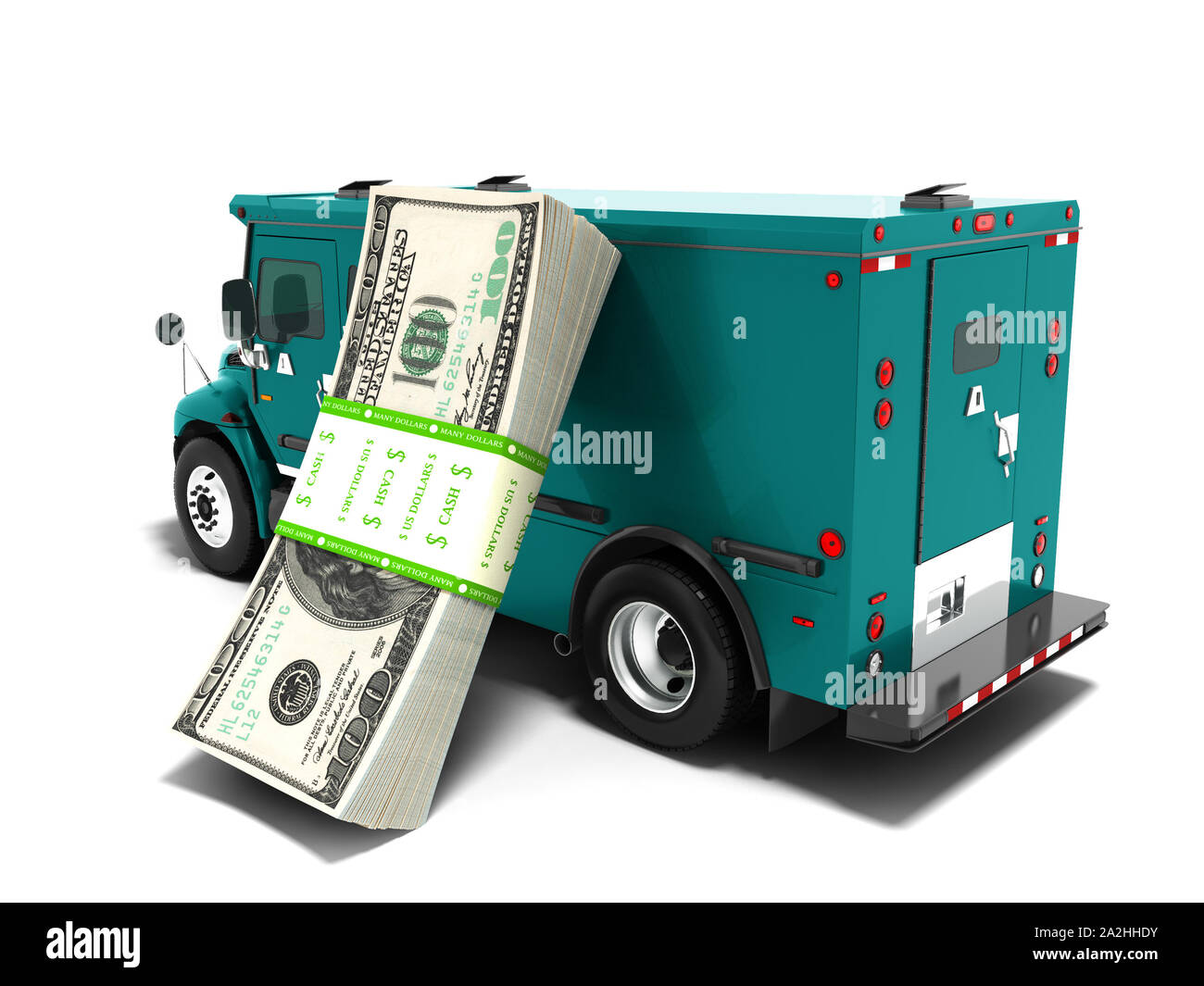 Modern transport concept stack of dollars in blue cargo bank with armored car, side view 3d render on white background with shadow Stock Photo
