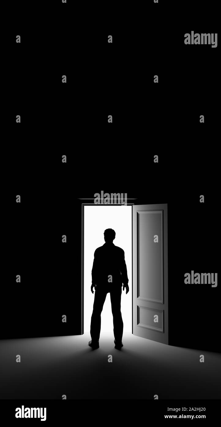 Silhouette of a man standing in a dark room lit by bright light. 3d ...