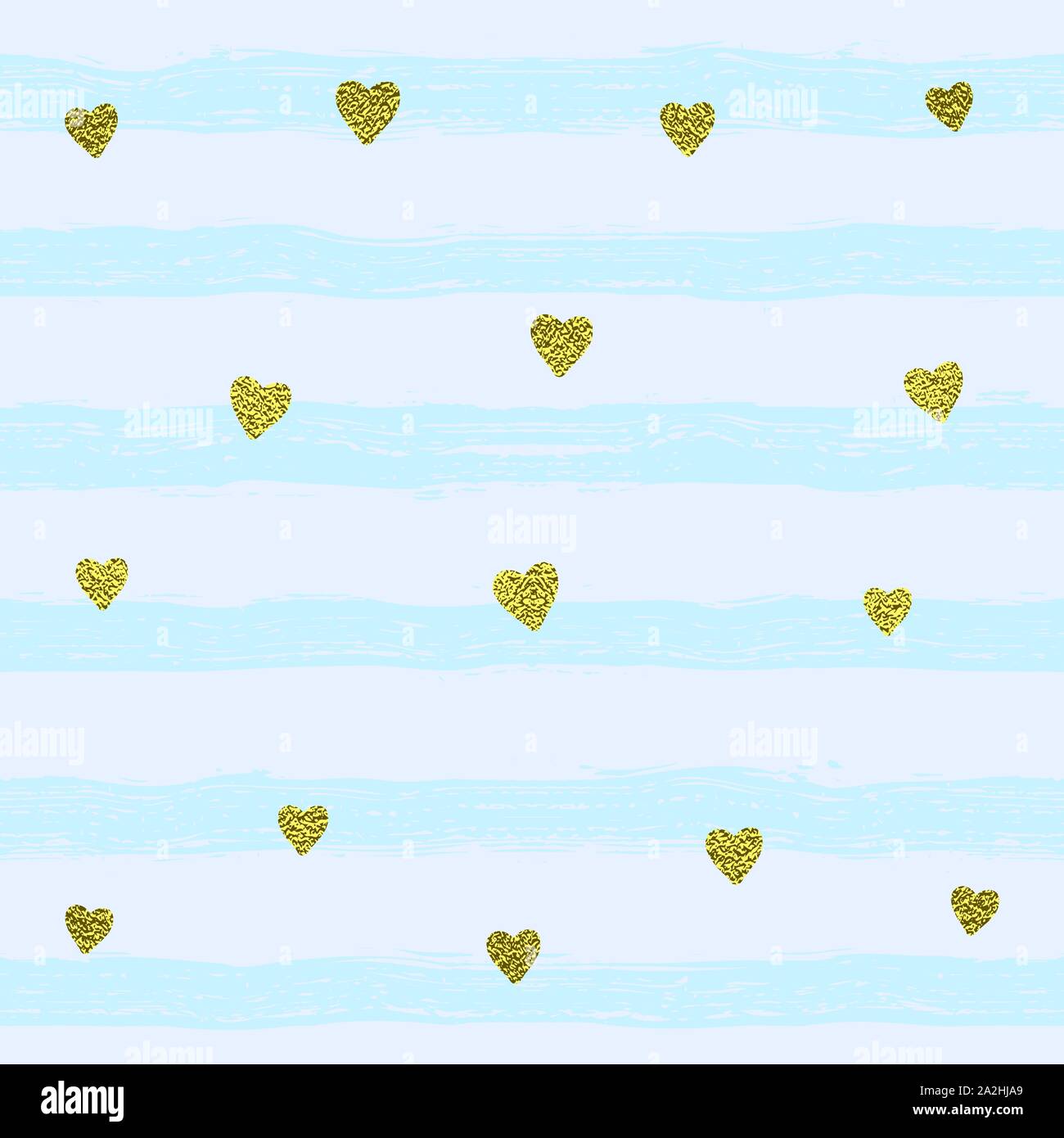 Golden sparkling shiny confetti hearts on a striped background. Seamless pattern. Shiny gold background. Hand painted brush strokes. Stock Vector