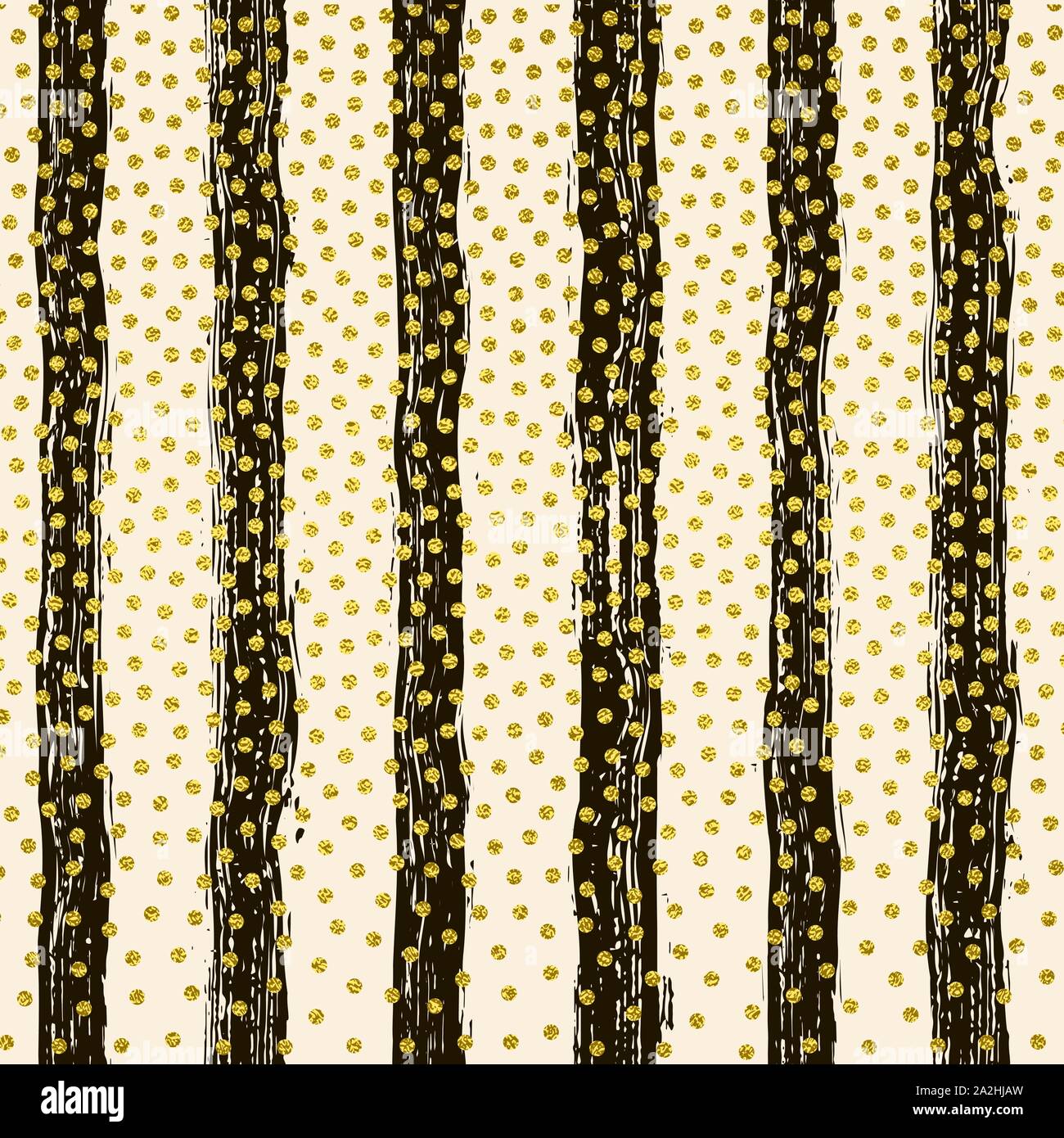 Striped seamless pattern with vertical line. Black and gold fashion graphics design. Strict graphic background. Retro style. Template for wallpaper, wrapping, textile, fabric. Vector Illustration. Hand painted brush strokes. Striped background. Vector illustration. Gold circles Stock Vector