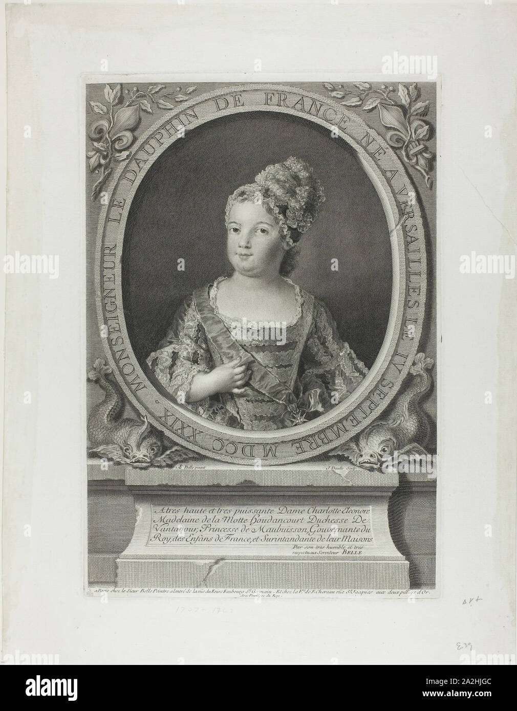 Monseigneur the Dauphin of France, 1730/33, Jean Daullé (French, 1703-1763), after Alexis-Simon Belle (French, 1674-1734), France, Engraving on ivory laid paper, 393 × 272 mm (image), 407 × 280 mm (plate), 515 × 399 mm (sheet Stock Photo
