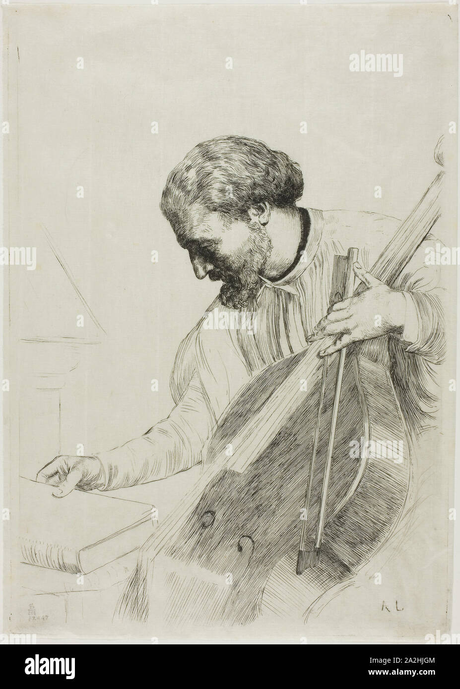 The Double Bass Player, c. 1873, Alphonse Legros, French, 1837-1911, France, Etching on ivory Japanese tissue, 300 × 211 mm (plate), 307 × 217 mm (sheet Stock Photo