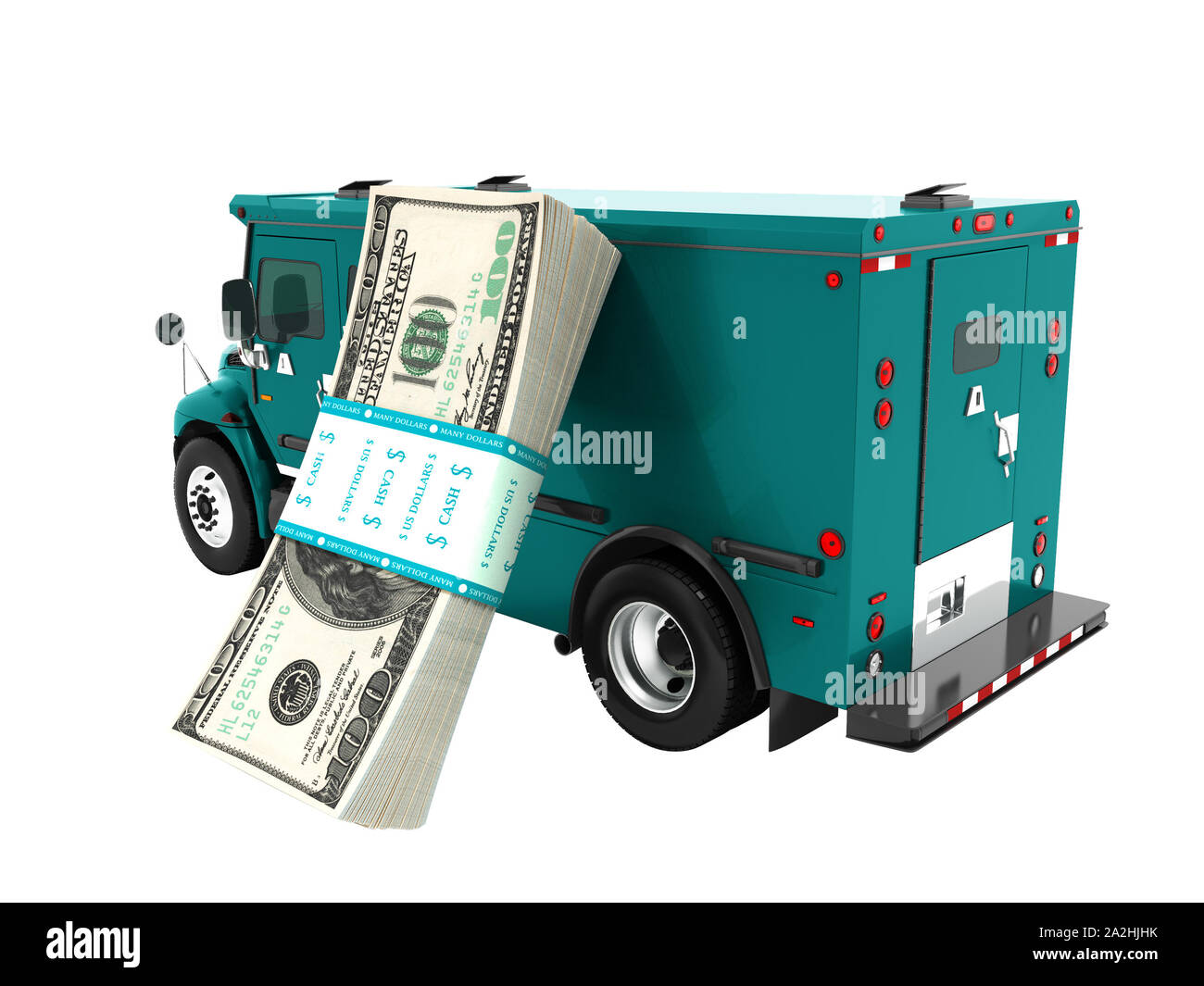 Modern transport concept stack of dollars in blue cargo bank with armored car, side view 3d render on white background no shadow Stock Photo