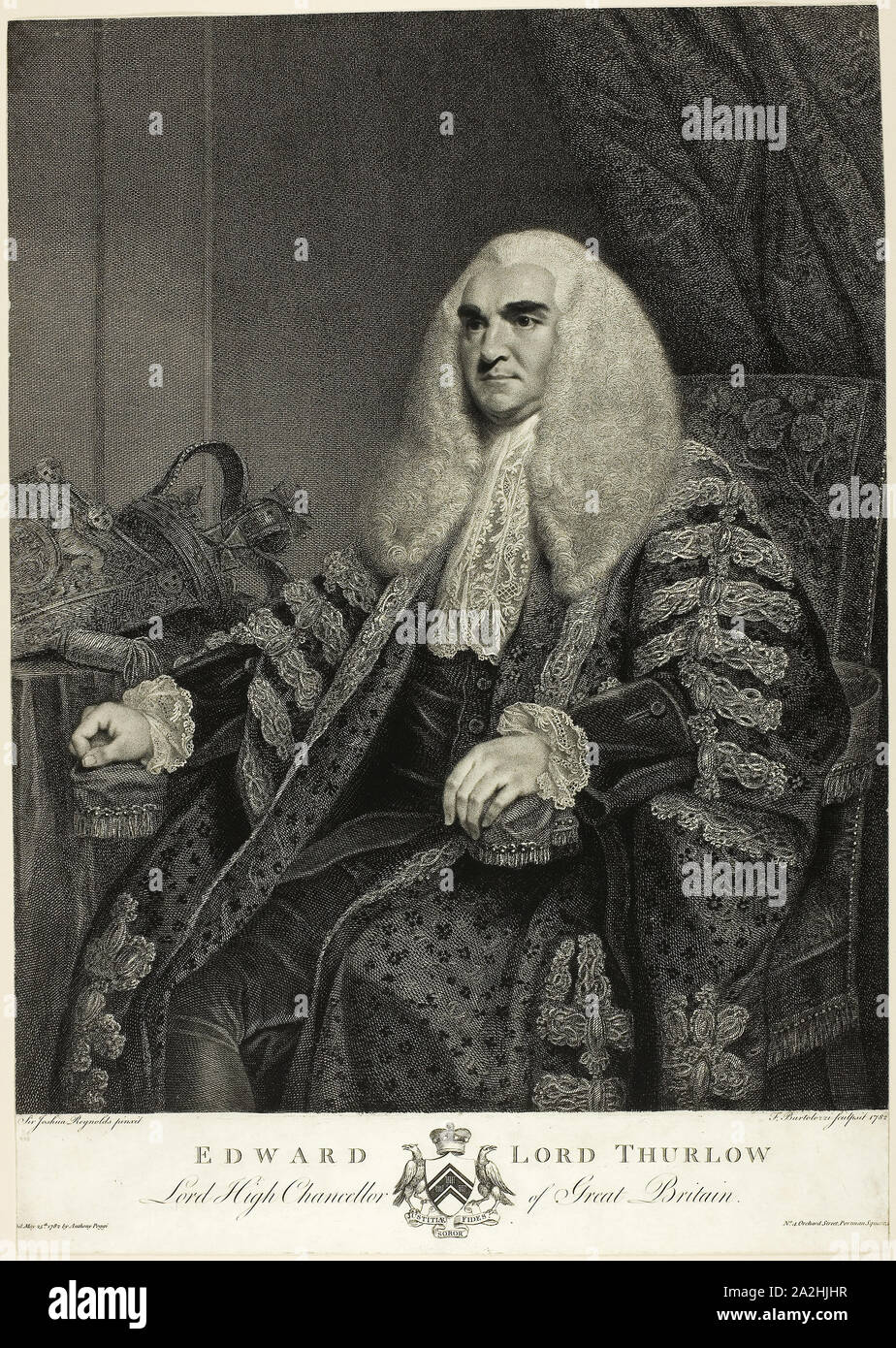 Edward, Lord Thurlow, 1782, Francesco Bartolozzi (Italian, 1727-1815), after Sir Joshua Reynolds (English, 1723-1792), Italy, Etching, engraving, and stipple engraving on off-white paper, 428 x 343 mm (image), 483 x 343 mm(sheet, cut within plate mark Stock Photo