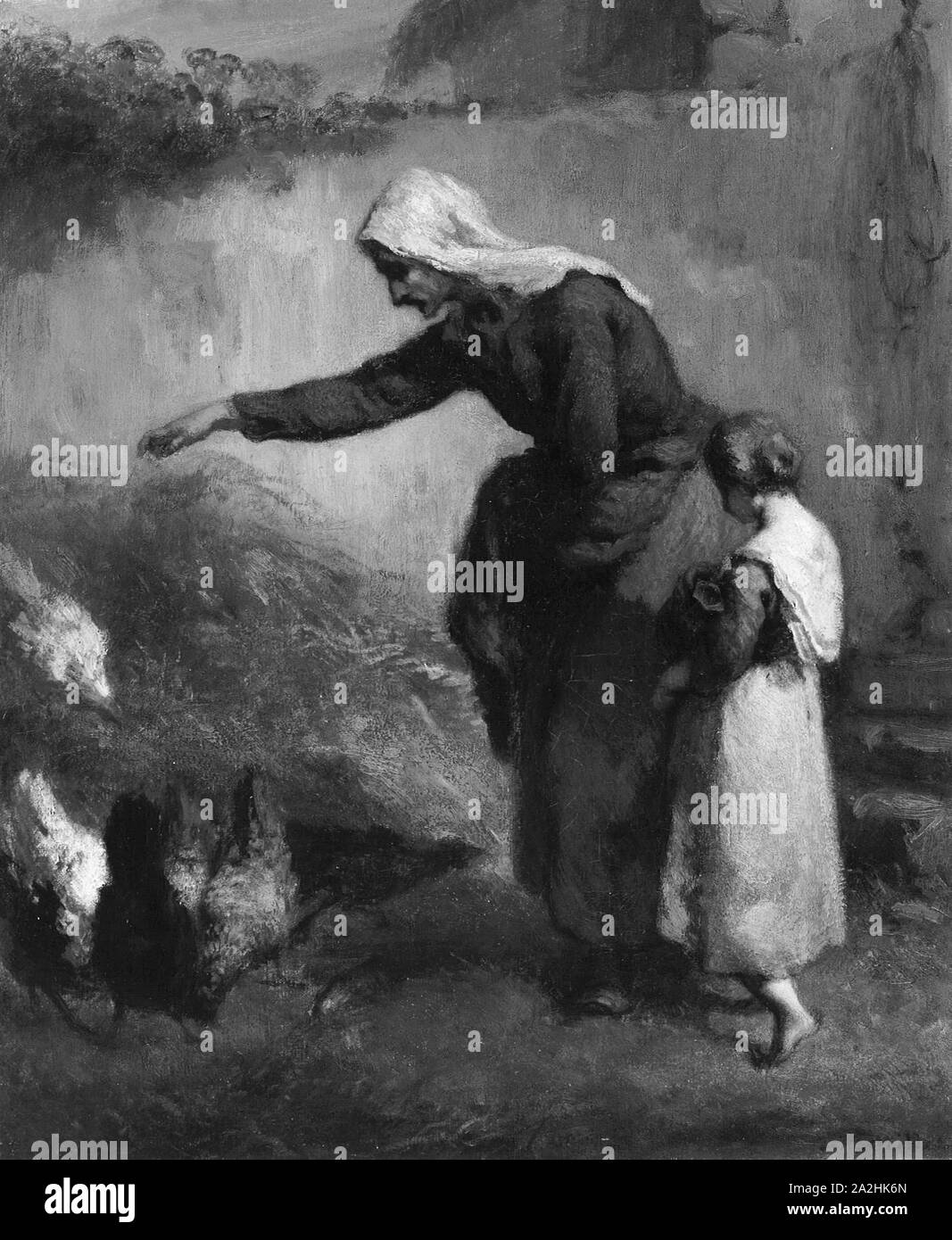 Woman Feeding Chickens, 1846/48, Jean-François Millet, French, 1814-1875, France, Oil on canvas, 45.8 × 38.2 cm (18 1/4 × 15 in Stock Photo