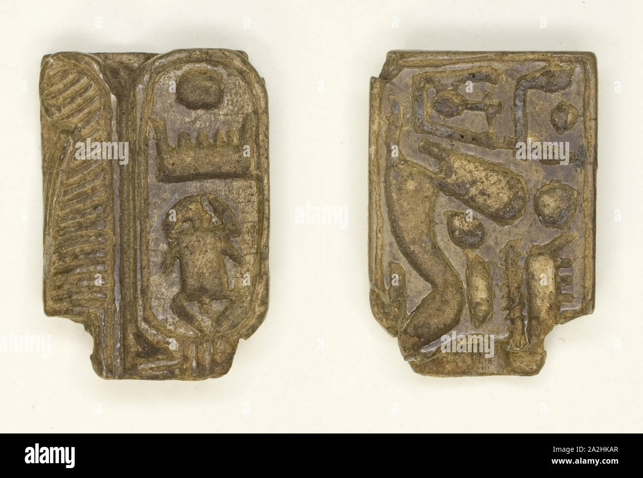 Plaque: Menkheperre (Thutmose III)/Sphinx with Crown and Beard, New Kingdom?, Dynasty 18–20 (about 1479–1069 BC), Egyptian, Egypt, Ceramic, 1 × 0.6 × 0.3 cm (3/8 × 1/4 × 1/8 in Stock Photo