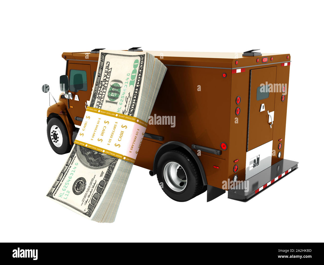 Modern transport concept stack of dollars in brown cargo bank with armored car, side view 3d render on white background no shadow Stock Photo