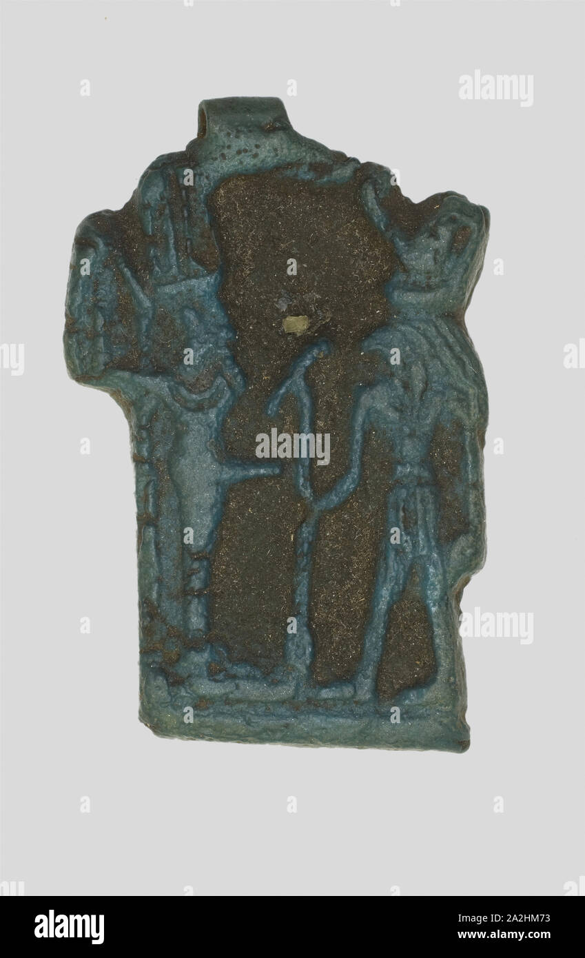 Amulet of the Gods Amun-Ra Kamutef and Horus, Late Period–Ptolemaic Period (7th–1st century BC), Egyptian, Egypt, Faience, 4.4 × 3.2 × 0.3 cm (1 3/4 × 1 1/4 × 1/8 in Stock Photo