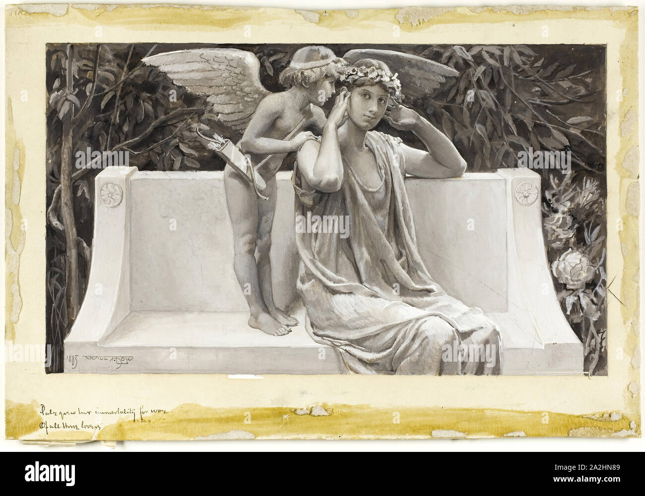 Pale Grew Her Immortality, For Woe of All These Lovers, 1885, Will Hicock Low, American, 1853-1932, United States, Brown and white gouache on cream wood-pulp laminate board, 276 x 401 mm Stock Photo