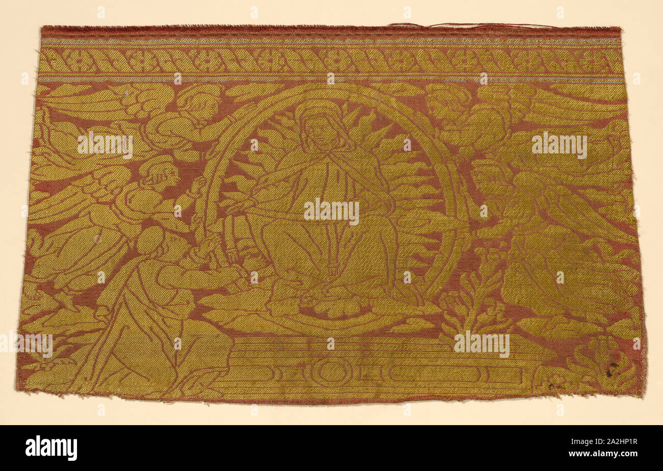 Fragment (From an Orphrey Band), 15th century, Italy, Silk, warp-float faced 4:1 satin weave with weft-float faced 1:3 'Z' twill interlacings of secondary binding warps and supplementary patterning wefts, 30.5 x 50.5 cm (12 x 19 7/8 in Stock Photo