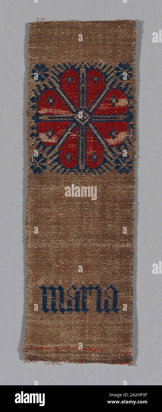 Fragment (From an Orphrey Band), 15th century, Germany, Cologne, Cologne, Silk, linen, and gilt-animal-substrate-wrapped linen, bands of four color complementary weft, weft-float faced 1:2 'S' twill weave with inner warps and bands of complementary weft, weft-float faced 1:2 weft chevron twill weave with inner warps, 24.8 × 8.3 cm (9 3/4 × 3 1/4 in Stock Photo