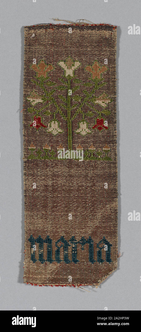 Fragment (From an Orphrey Band), 15th century, Germany, Cologne, Cologne, Silk, linen, and gilt-animal-substrate-wrapped linen, bands of four color complementary weft, weft-float-faced 1:2 'S' twill weave with inner wefts and of two color complementary weft, weft-float faced 1:2 weft chevron twill weave with inner warps, 20.3 × 8.2 cm (9 × 3 1/4 in Stock Photo