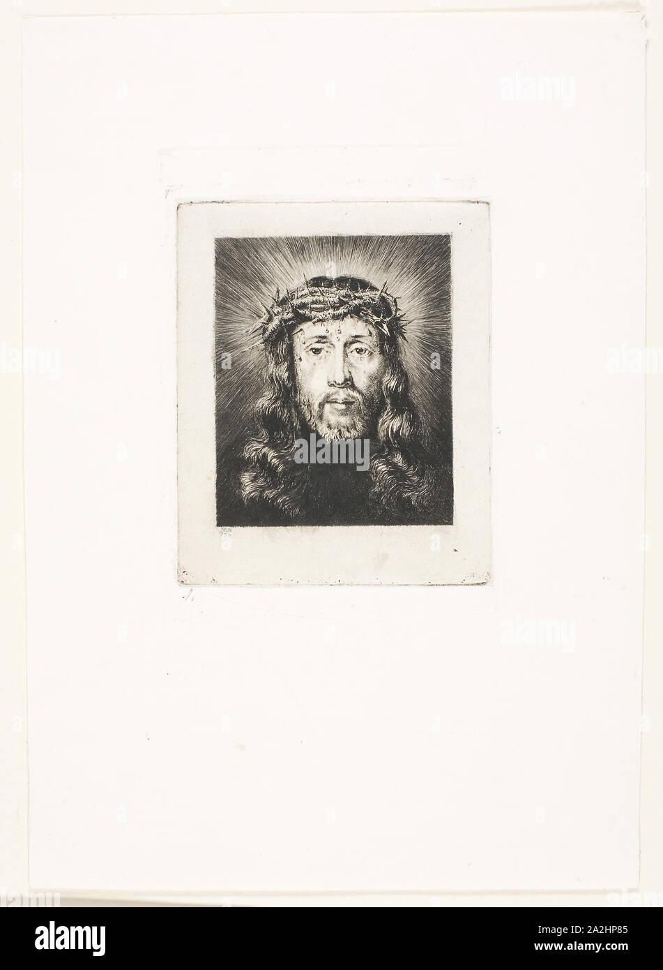 The Face of Christ, 1849, Charles Meryon (French, 1821-1868), after a minature by Elise Brurère (French, 19th century), after a painting by Philippe de Champaigne (French, 1602-1674), France, Etching with roulette on ivory China paper, laid down on ivory wove paper, 81 × 65 mm (image), 106 × 87 mm (plate), 107 × 82 mm (primary support), 242 × 172 mm (secondary support Stock Photo