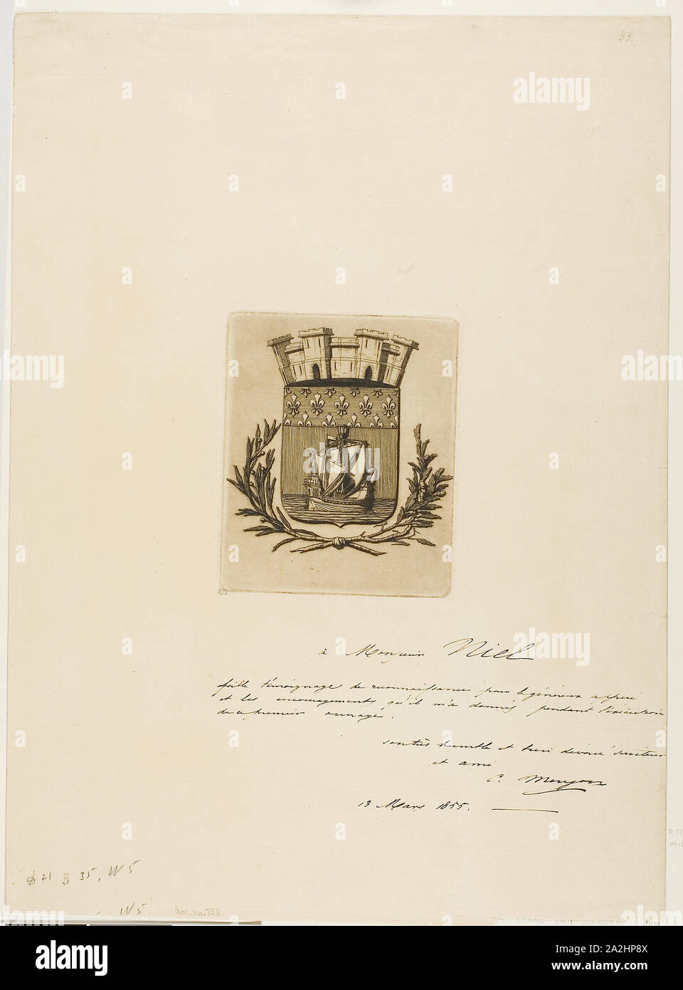 Arms Symbolical of the City of Paris, 1854, Charles Meryon, French, 1821-1868, France, Etching in warm black with plate tone on ivory laid paper, 136 × 112 mm (image), 136 × 112 mm (plate), 440 × 322 mm (sheet Stock Photo