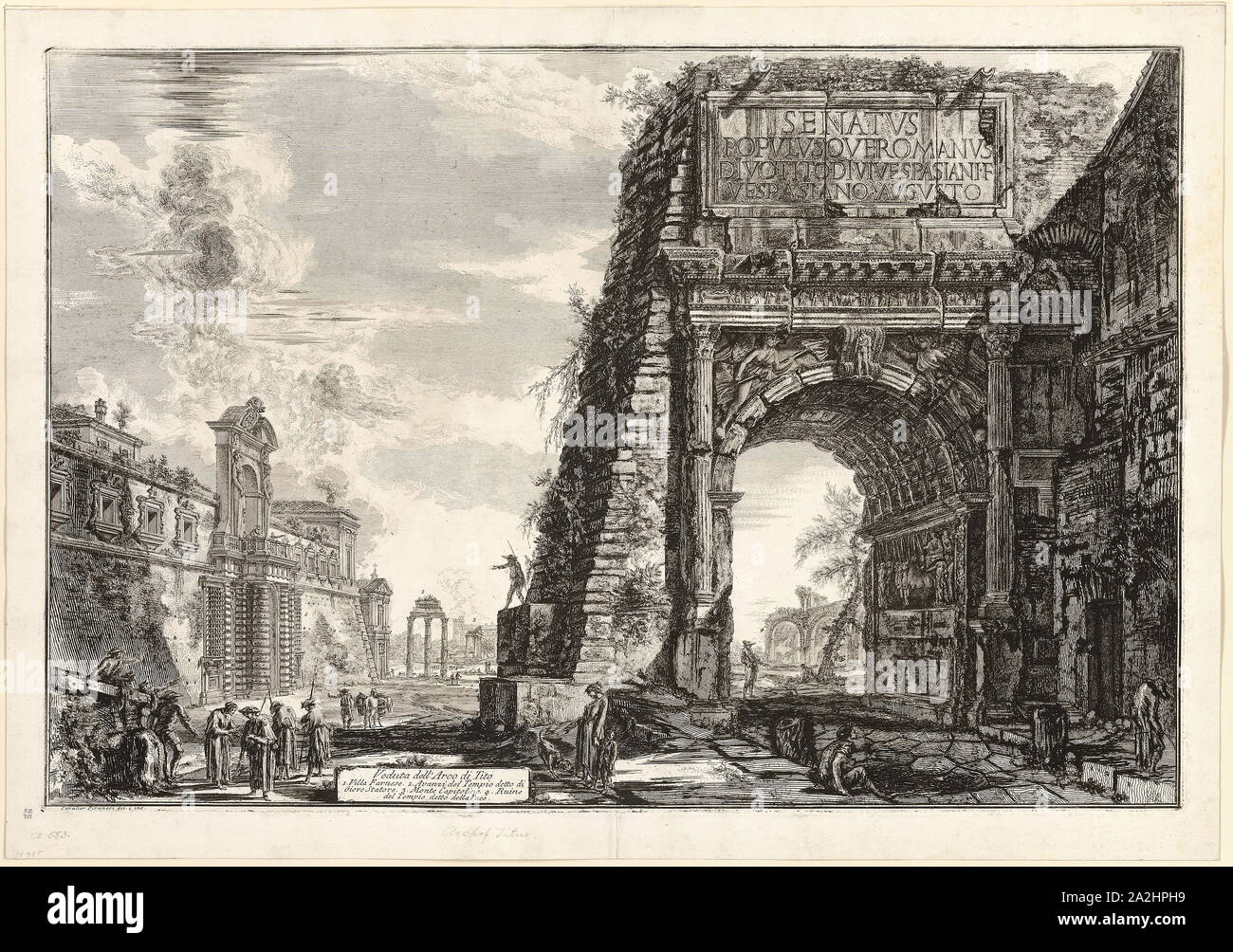 View of the Arch of Titus, from Views of Rome, 1771, Giovanni Battista Piranesi, Italian, 1720-1778, Italy, Etching on heavy ivory laid paper, 475 × 708 mm (image), 477 × 711 mm (plate), 533 × 759 mm (sheet Stock Photo