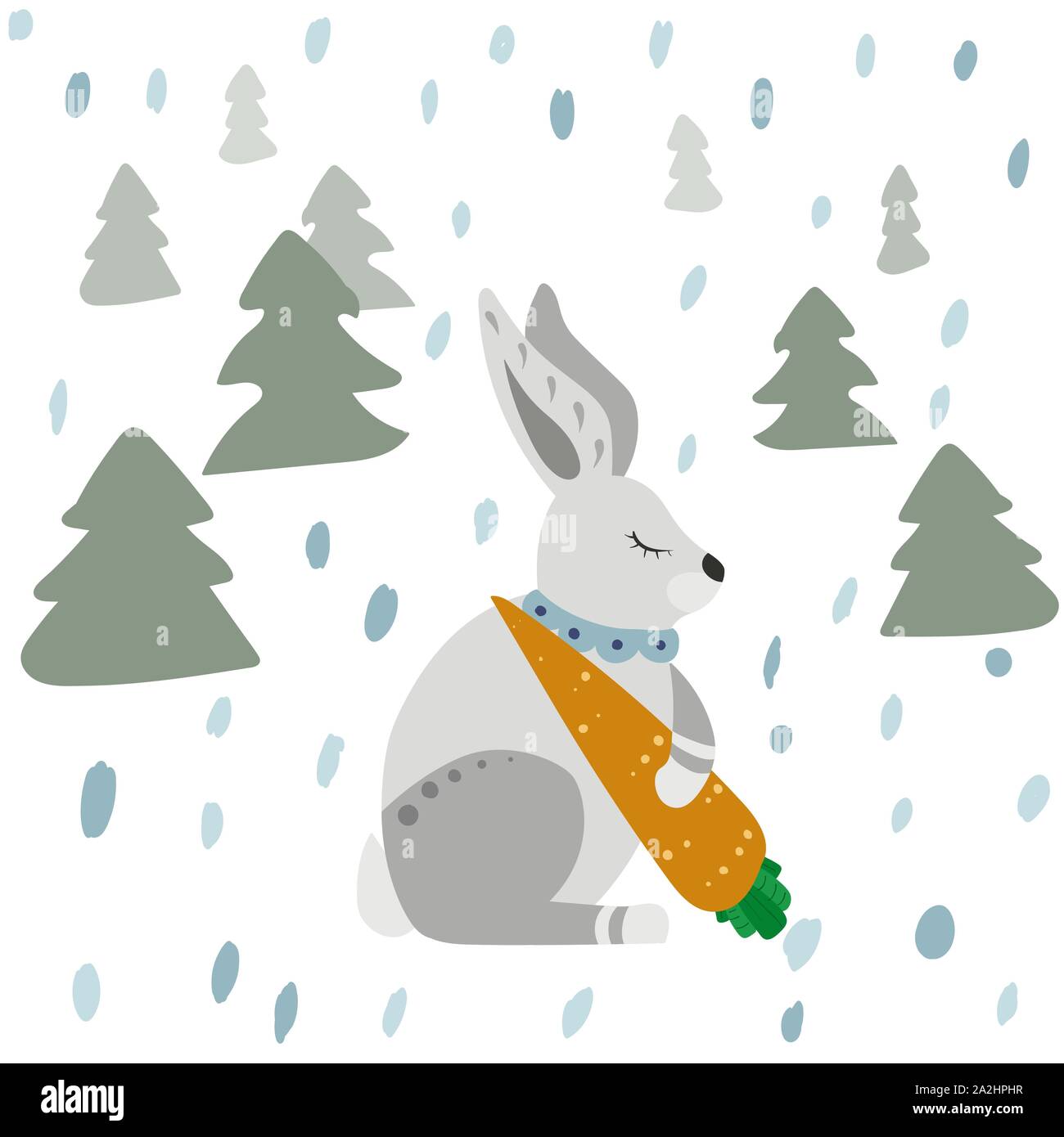 White hare with carrot. Winter snowing forest. Vector illustration. Stock Vector