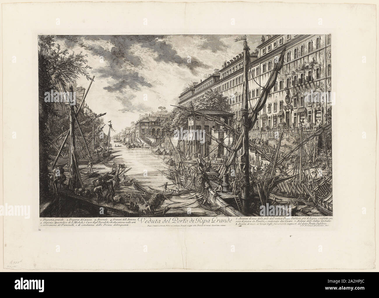 View of the Port of Ripa Grande, from Views of Rome, 1750/59, Giovanni Battista Piranesi, Italian, 1720-1778, Italy, Etching on heavy ivory laid paper, 380 x 610 mm (image), 405 x 615 mm (plate), 555 x 779 mm (sheet Stock Photo