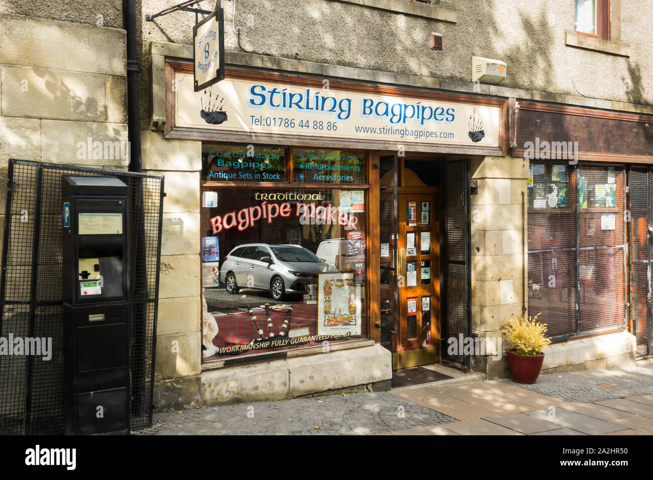 Stirling bagpipes shop on Broad Street, Stirling, Scotland. Stock Photo