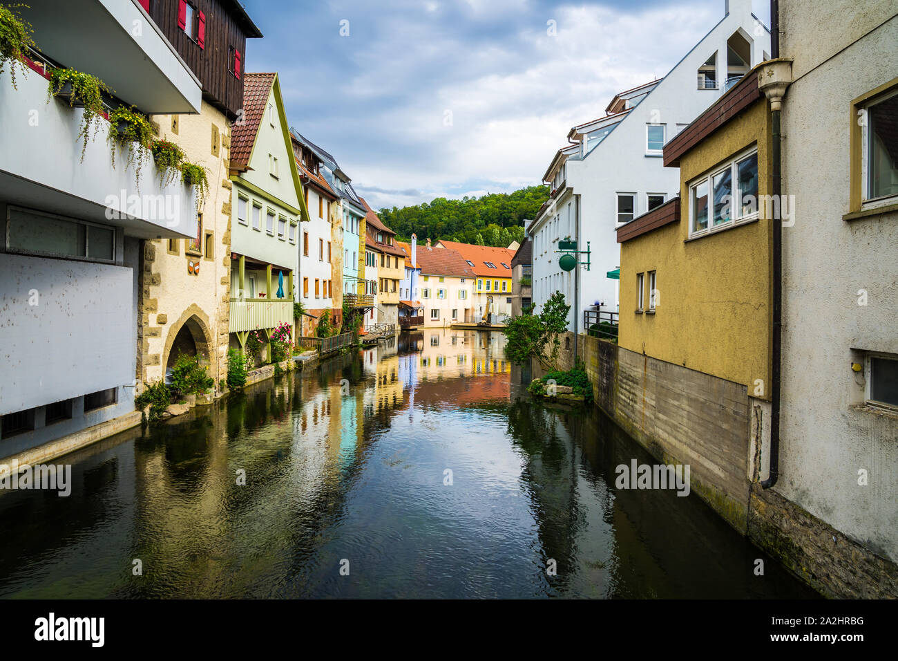 Germany, Beautiful black forest city horb am neckar houses reflecting in neckar river water of old town Stock Photo