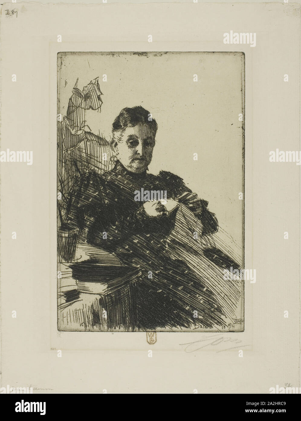 Mme Lamm II, 1894, Anders Zorn, Swedish, 1860-1920, Sweden, Etching on ivory laid paper, 236 x 158 mm (image/plate), 328 x 253 mm (sheet Stock Photo